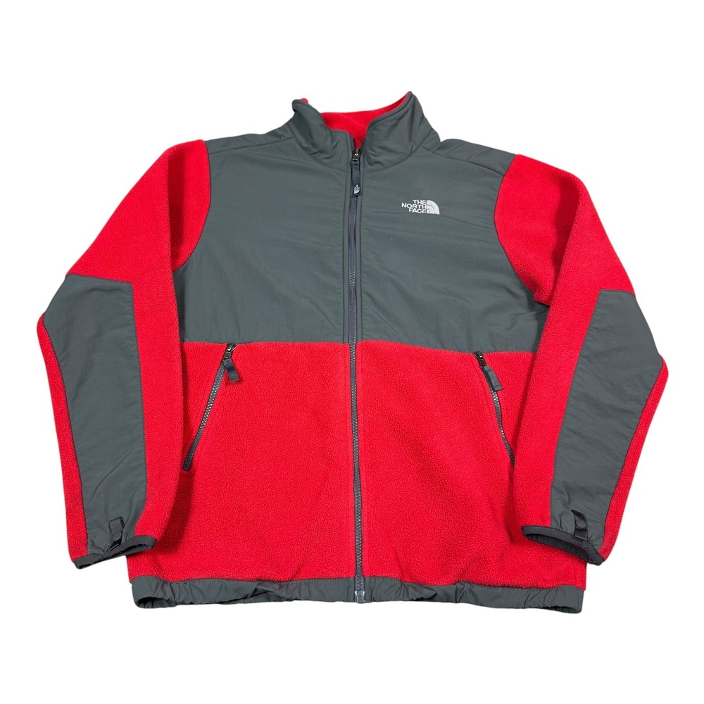 The North Face Denali Red Gray Full Zip Sherpa Jacket Youth XL Flaw